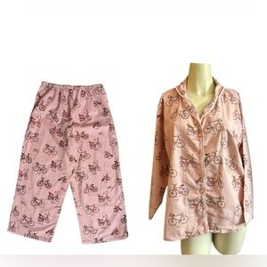 Munki Munki Pink Bicycle Print Flannel Pajamas set women size M